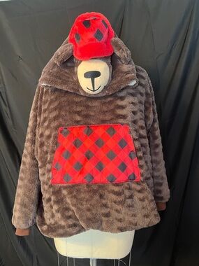 Bear Plush Hooded Pullover with Red Plaid Pocket